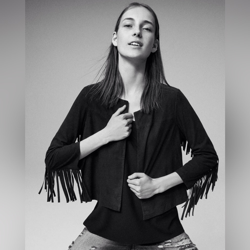 Mango Fringed Suede Jacket Black Size S